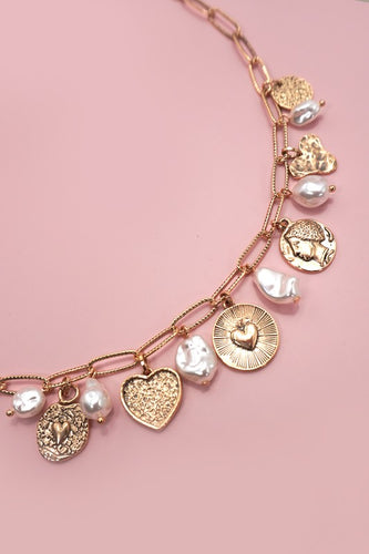 Heart pearl coin charm necklace